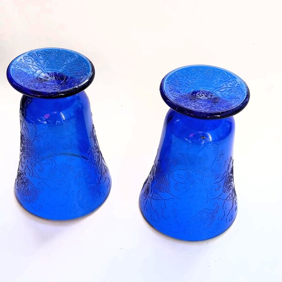 VTG Depression Glass Cobalt Blue 2 Foot ed Glasses Hazel Atlas Florentine Poppy - Picture 2 of 9